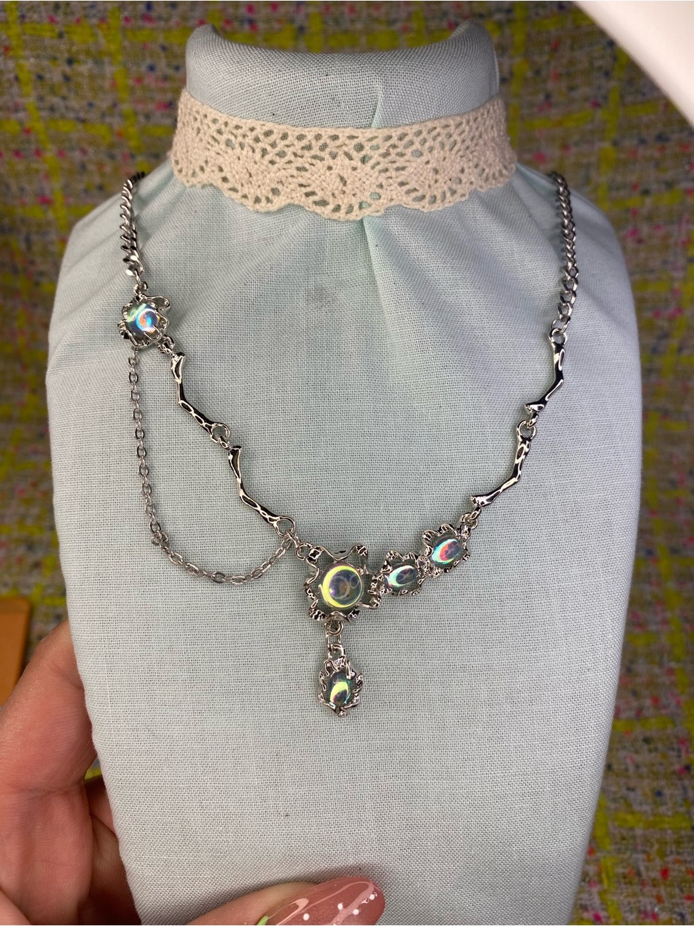 Silver Holographic Stone Drop Necklace - Women Jewelry